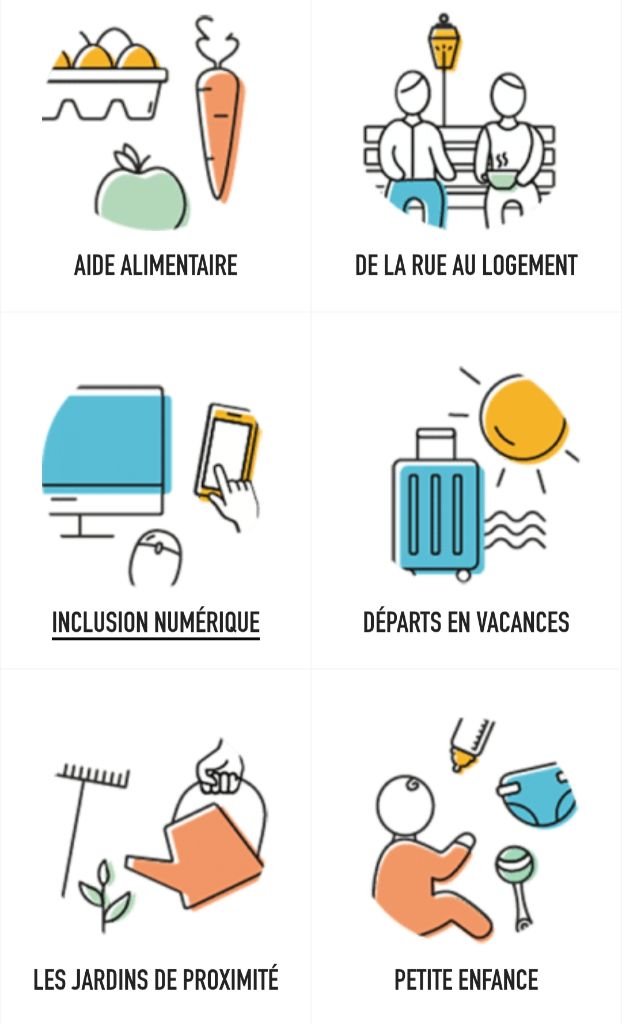 Aide alimentaire, de la rue au logement, inclusion numérique, départs en vacances, jardins de proximité et petite enfance