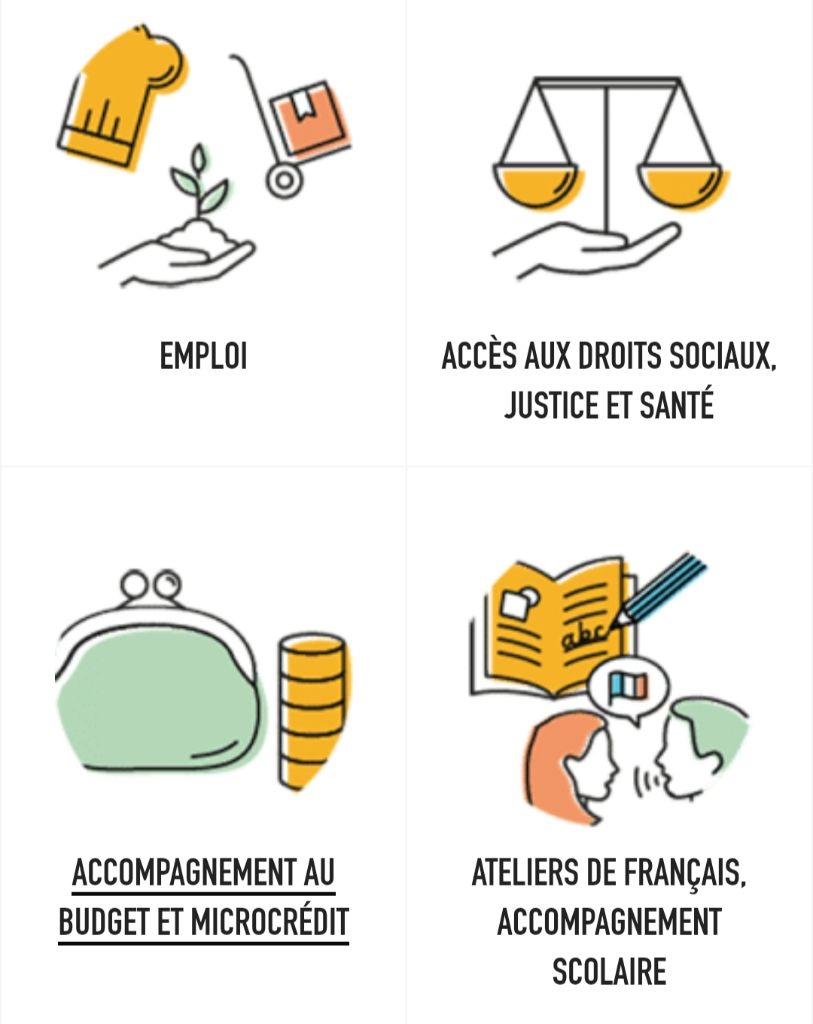 Emploi, accès aux droits sociaux, justice et santé, accompagnement au budget et microcrédit, ateliers de français et accompagnement scolaire
